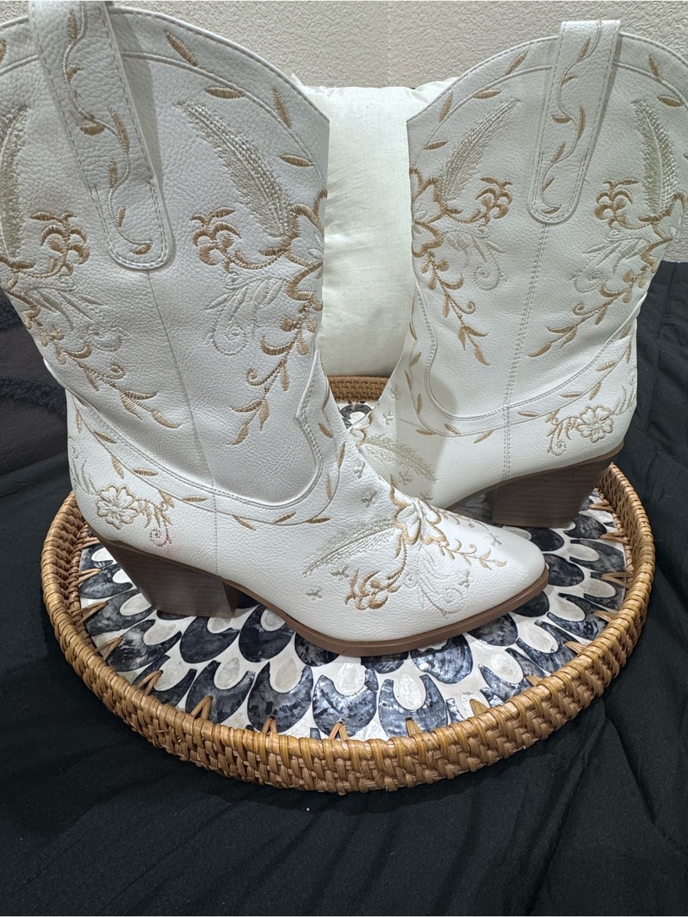 White Embroidered Western Calf Booties for Women